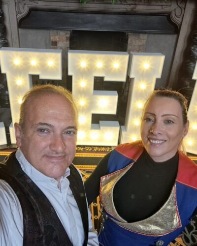 Andrew Van Buren and Allyson performing circus skills and magic at Keele University.